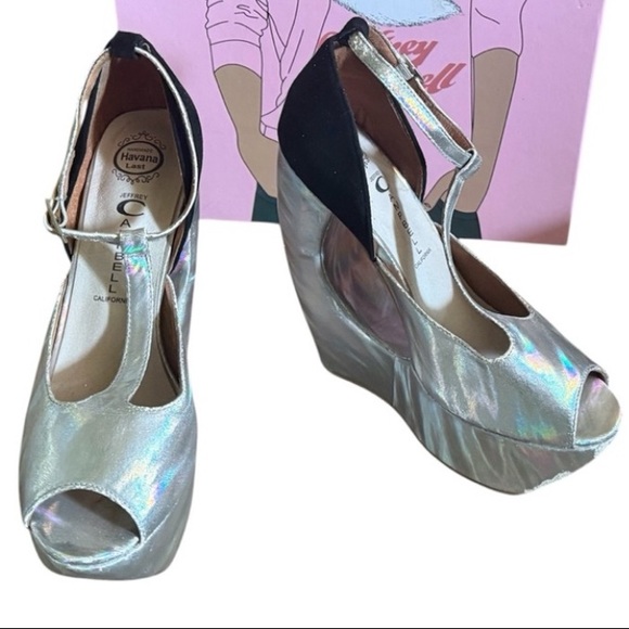 JEFFREY CAMPBELL ROCKSLIP Holographic Suede PEEP-TOE PLATFORM Wedges🌈🦄 7.5 - Picture 16 of 16